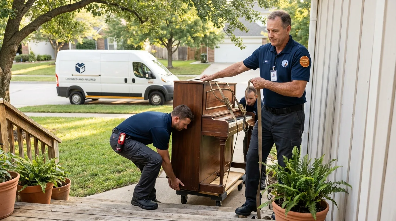 Licensed piano movers securing grand piano in Albia, IA