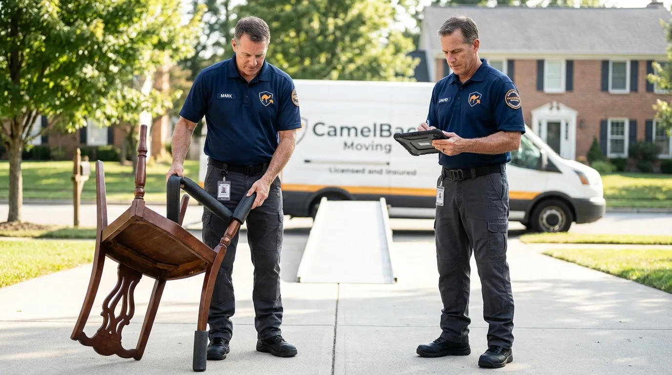 Movers inspecting furniture for damage prevention before loading in Albia, IA