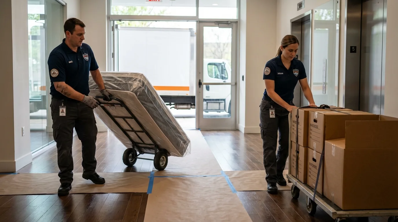 Professional apartment movers loading elevator in Albia, IA
