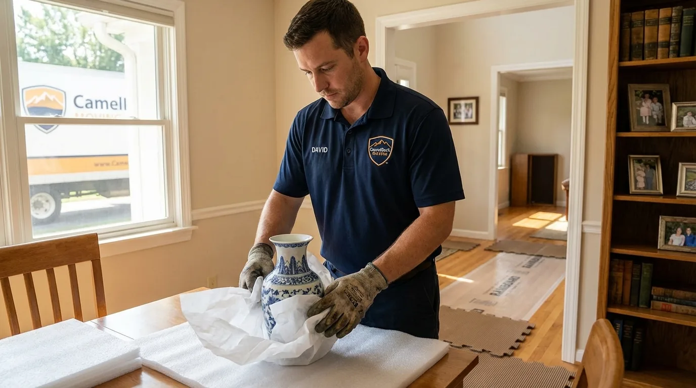Professional crew carefully wrapping antique vase for senior downsizing move in Albia, IA